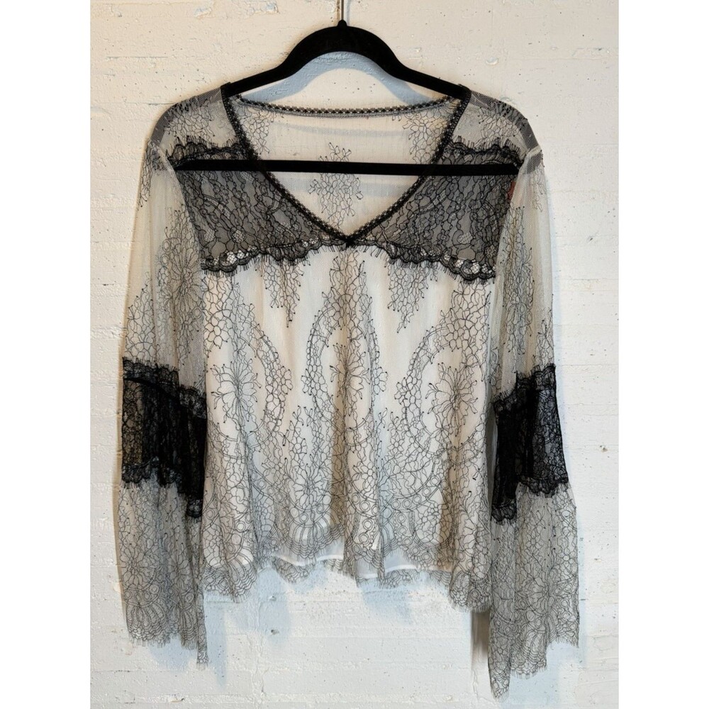 Fairy Whimsigoth Romantic Nanette Lepore Sheer Lace Overlay Bell Sleeve Blouse M